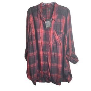 NWT Lane Bryant Womens‎ Button Up Top Long Sleeve Rayon Red Black 22/24 Plaid